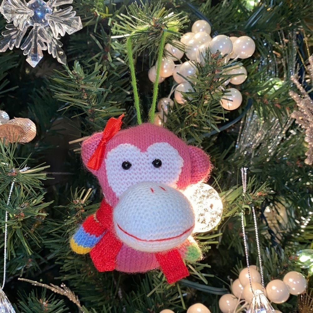Pink knit girl holiday monkey Christmas tree ornament kids tree decor red scarf‌